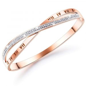 Roman Numeral Criss Cross Bangle with Created Diamonds in Rose Gold Layered Steel Jewellery