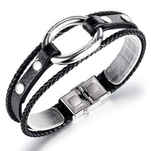 Rugged Leather Wrap Bracelet in Black & Titanium