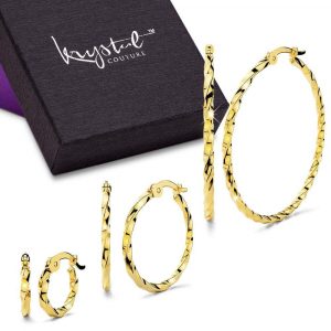 Boxed 3 Pairs Twisted Hoop Earrings Set Gold