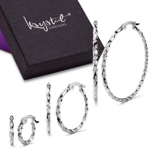 Boxed 3 Pairs Twisted Hoop Earrings Set White Gold