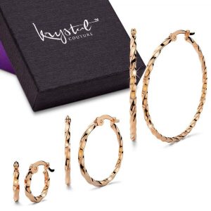 Boxed 3 Pairs Twisted Hoop Earrings Set Rose Gold