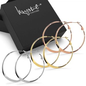 Boxed 3pr Semi Flattened Hoop Earrings Set 40mm