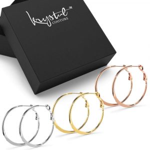 Boxed 3pr Semi Flattened Hoop Earrings Set 30mm