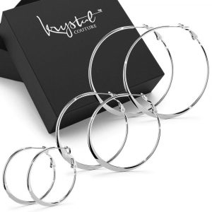 Boxed 3pr Semi Flattened White Gold Hoop Earrings Set