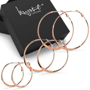 Boxed 3pr Semi Flattened Rose Gold Hoop Earrings Set