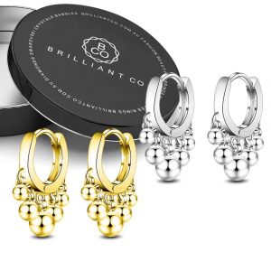 Boxed 2 Pair Set Bohemian Ball Charm Huggie Earrings in Silver and Gold Plated