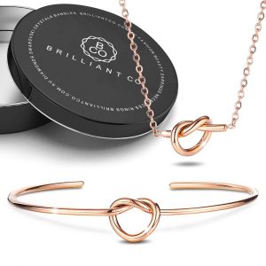 Boxed Single Knotted Tie Promise Necklace and Bangle Set in Rose Gold Plated