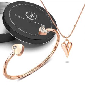 Boxed Heart to Heart Necklace and Cuff Bangle Set in Rose Gold Plated