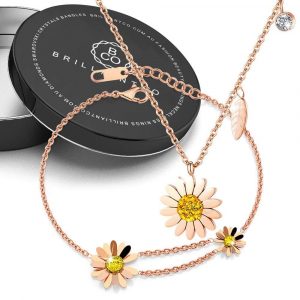 Boxed Two Daisy Flower Bracelet and Sunflower with Leaves Necklace in Rose Gold