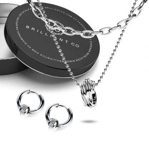 Boxed Swirl Pendant Necklace with Mini Barrel Loop Earrings in White Gold