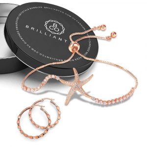Boxed Starfish Slider Bracelet with Fem Hammered Hoop Earrings in Rose Gold
