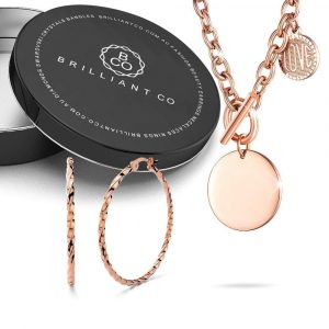 Boxed Round Pendant Toggle Clasp Necklace with Twisted Hoop Earrings in Rose Gold