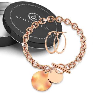 Boxed Hammered Disc Charm Belcher T-Bar Bracelet with Sexy Oval Hoop Earrings in Rose Gold