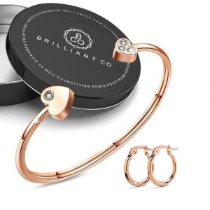 Boxed Heart Love Open Cuff Bangle with Trishia Hoop Earrings in Rose Gold