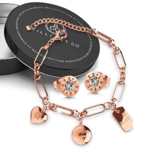 Boxed Bliss Charm Bracelet with Love Bezel Studs Earrings in Rose Gold