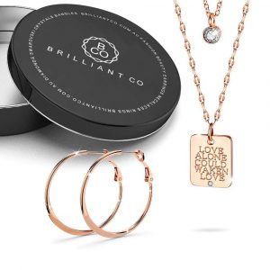 Boxed Awaken Engraved Pendant with Semi Flattened Hoop Earrings in Rose Gold