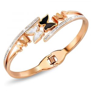 Black and White Inlay Butterfly Bangle Rose Gold Layered Titanium Steel