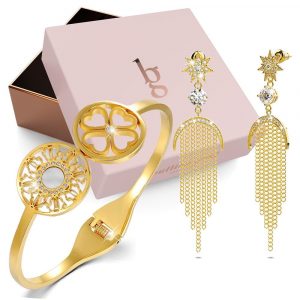 Boxed Artistic Floral Bangle & Star Sun Diamonelle Chandelier Set in Gold