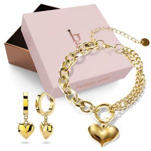 Boxed Lovely Heart Charm Dual Link Bracelet and Ruby Love Huggie Earrings Set in Gold