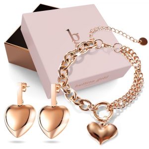Boxed Lovely Heart Charm Dual Link Bracelet and Stud Earrings Set in Rose Gold