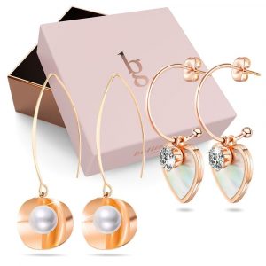Boxed Sparkly Love Shaped Studs & Earthy Pearl Core Hook Earrings Set in Rose Gold