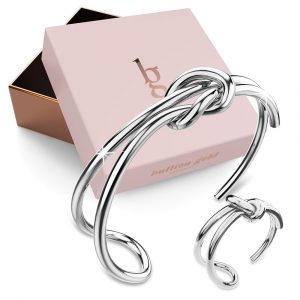 Boxed Forever Knot White Gold Titanium Cuff Bangle & Adjustable Ring Set in White Gold