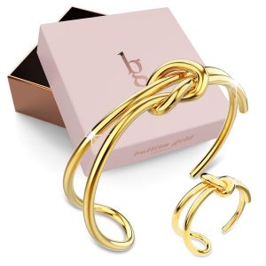 Boxed Forever Knot Gold Titanium Cuff Bangle & Adjustable Ring Set in Gold