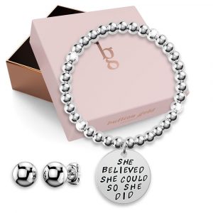 Boxed She Believed She Could Inscriptions White Gold Layered Bracelet & Ball Stud Earrings Set