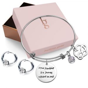 Boxed A True Friendship Inscriptions Adjustable Bracelet & Mini Barrel Loop Earrings Set in White Gold