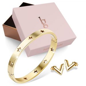 Boxed Bellatrix Star Bangle & V-Style Stud Earrings Set in Gold