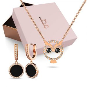 Boxed Jet Black Resin Inlay With Crystals Paved Around Huggie Earrings & Bright-Eyed Owl Short Necklace Set