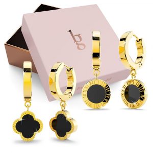 Boxed 2 Pairs of Luxurious Earrings Set in Black Onyx with Gold Layered Titanium