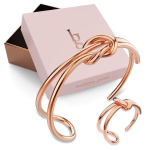 Boxed Forever Knot Rose Gold Titanium Cuff Bangle & Adjustable Ring Set in Rose Gold