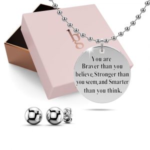 Boxed Brave Inscriptions Pendant Necklace Ball Stud Earrings Set