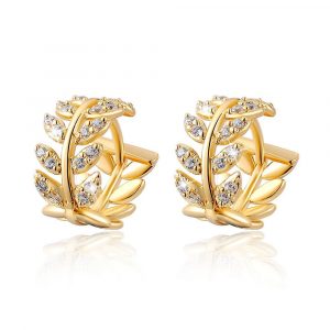 Greek Leaf Adorned with Created Diamonds Gold Layered Huggie Earrings