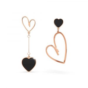 Open-Hearted Black Onyx Inlaid Asymmetrical Earrings Rose Gold Layered Titanium