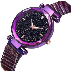 Bullion Gold Sparkly Black Glass Purple Watch Embellished with Crystals