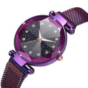 Bullion Gold Sparkly Black Glass Purple Watch Embellished with Crystals