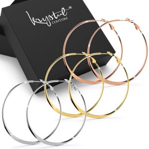 Boxed 3pr Semi Flattened Hoop Earrings Set 50mm