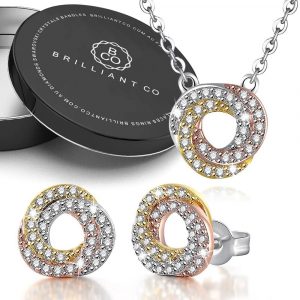 Boxed Swirl Twirl Tri Tone Necklace and Studs Earrings Set
