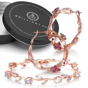 Boxed Exotic Wild Clear Crystals Floral Bracelet and Hoop Earrings Set in Rose Gold
