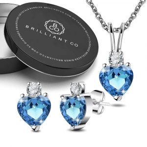 Boxed Ocean Blue Crystal Heart Necklace and Earrings Set In White Gold