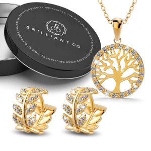 Boxed Tree In Circle of Life Pendant Necklace and Greek Leaf Huggies Earrings Set in Gold Plated