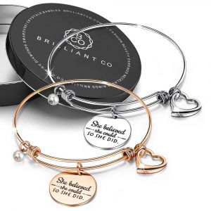 Boxed She Believed She Could Heart Heart Love Charm Toggle Bangle Set in Rose Gold and White Gold Plated