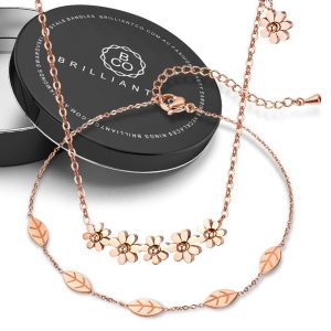 Boxed Mini Daisy Necklace with Falling Leaves Chain Anklet in Rose Gold