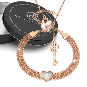 Boxed Flower Pattern Key & Lock Necklace with Shining Heart Bracelet in Rose Gold