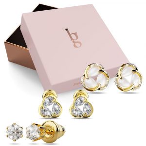 Boxed 3 Pairs Tiara Gold Stud Earrings Set