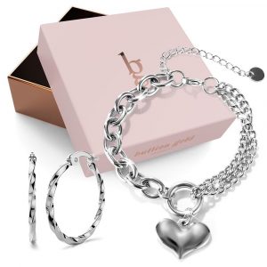 Boxed Lovely Heart Charm Dual Link Bracelet and Twisted Hoop Earrings Set in White Gold