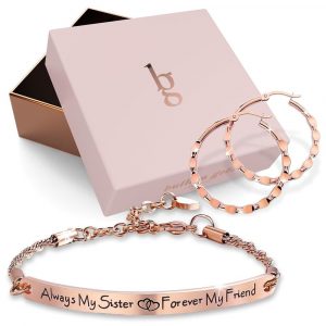 Boxed Sisters Forever Inscriptions Bar Bracelet & Fem Hammered Hoop Earrings Set in Rose Gold
