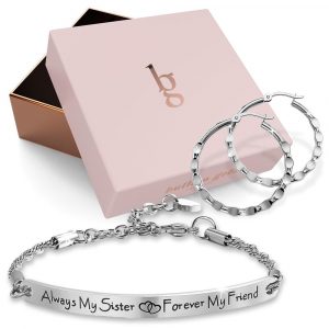 Boxed Sisters Forever Inscriptions Bar Bracelet & Fem Hammered Hoop Earrings Set in White Gold